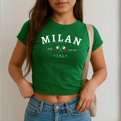 Milan Lombardy Italy baby tee design with crossed Italian flags and collegiate white lettering