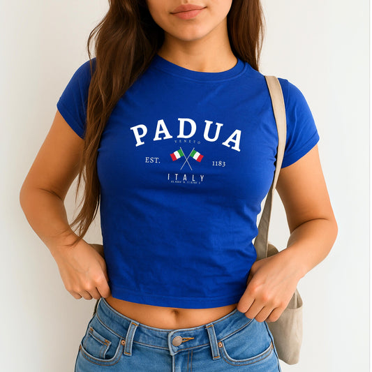 Blue baby tee with Padua Veneto Italy text, crossed Italian flags, EST. 1183, and coordinates