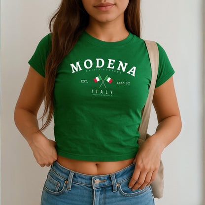 Blue baby tee with Modena Emilia-Romagna Italy text, crossed Italian flags, and coordinates