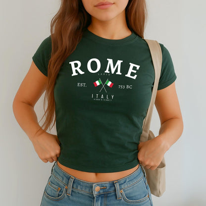 Navy baby tee with arched Rome text, Lazio detail, crossed Italian flags, EST. 753 BC, Italy and coordinates