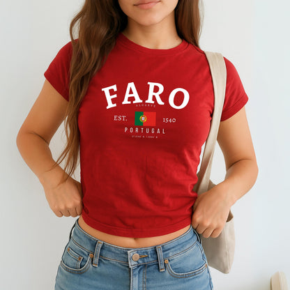 Faro Algarve Portugal baby tee design with flag, EST. 1540 text, and coordinates