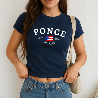 Ponce Puerto Rico baby tee with flag, EST. 1760 text, and coordinates