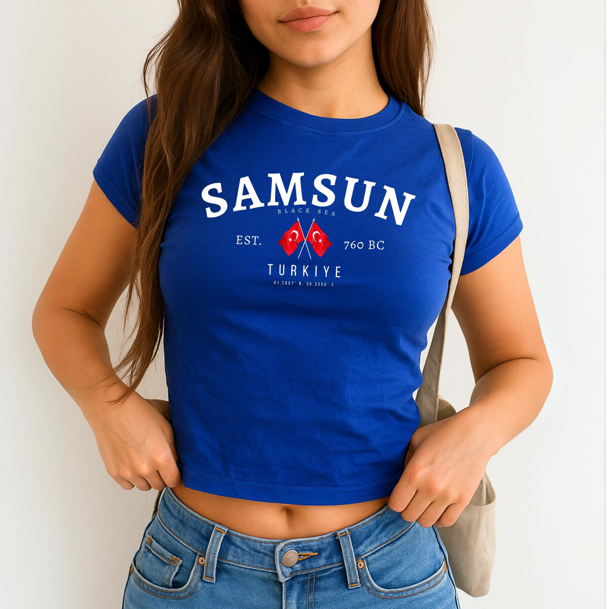Red baby tee with Samsun Black Sea Türkiye design, crossed Turkish flags, and coordinates