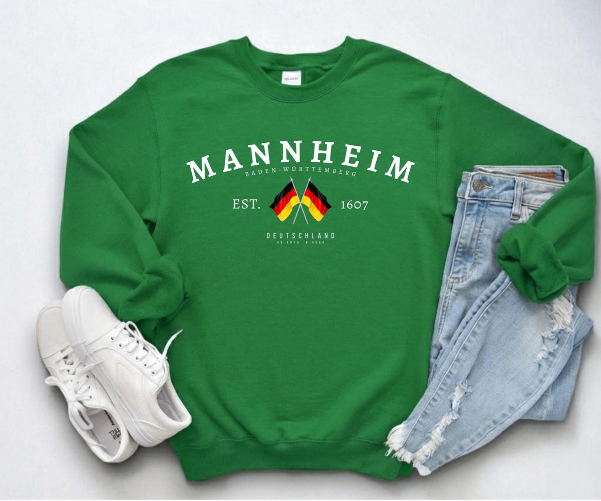 Mannheim Baden-Württemberg sweatshirt design with crossed German flags, EST. 1607, and Deutschland text