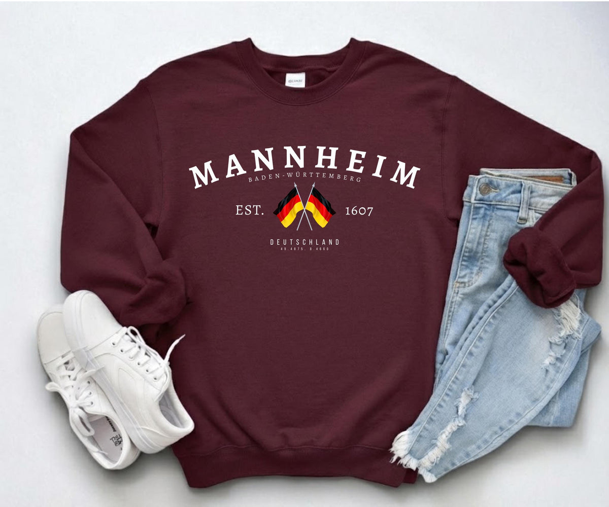 Mannheim Baden-Württemberg sweatshirt design with crossed German flags, EST. 1607, and Deutschland text