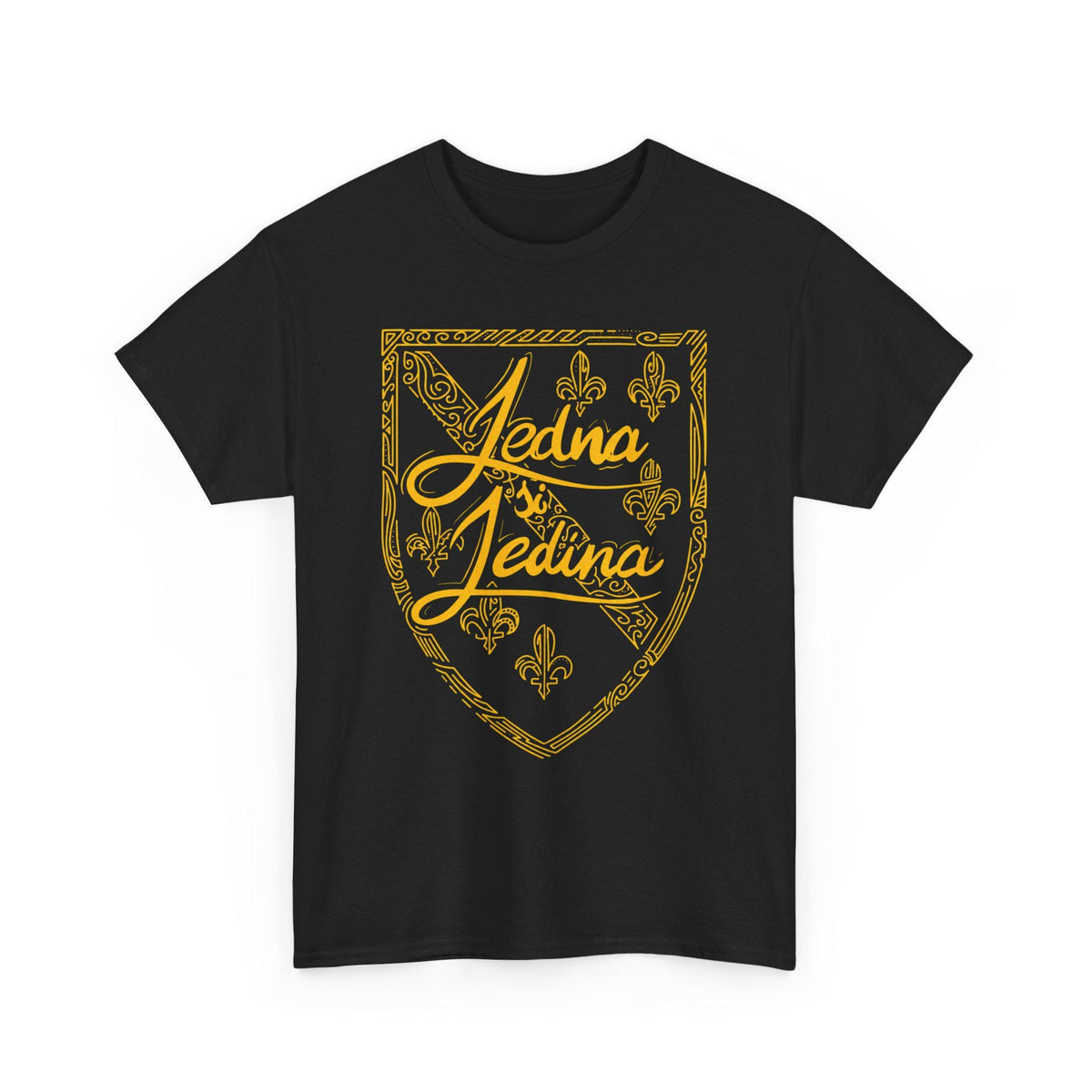 Blue T-shirt with gold Jedna Jedina shield design and fleur-de-lis details