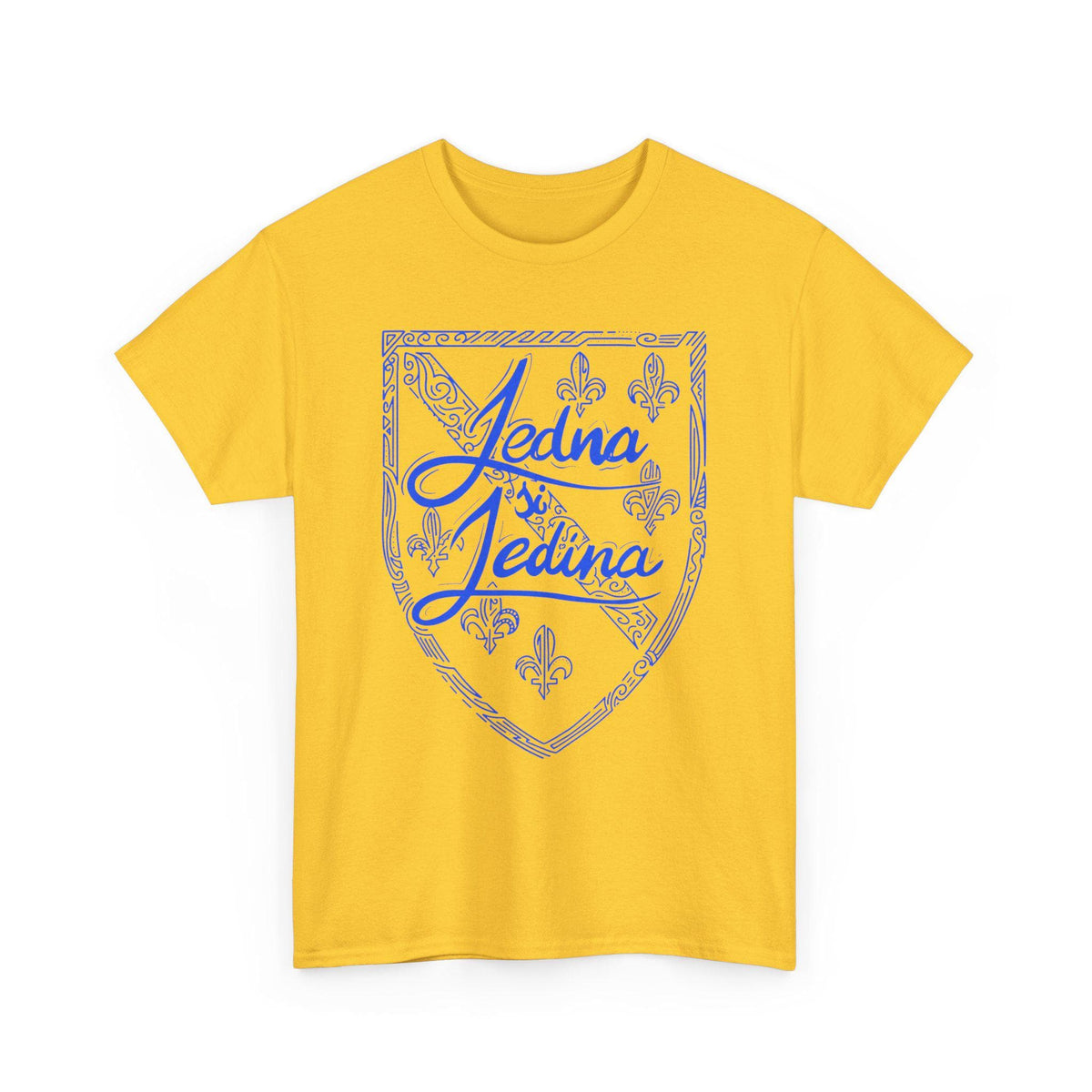 Blue T-shirt with gold Jedna Jedina shield design and fleur-de-lis details
