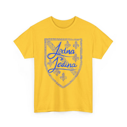 Blue T-shirt with gold Jedna Jedina shield design and fleur-de-lis details