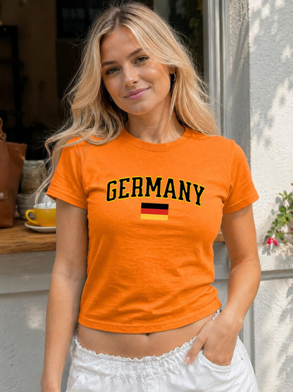 Black baby tee with arched GERMANY lettering and German flag graphic