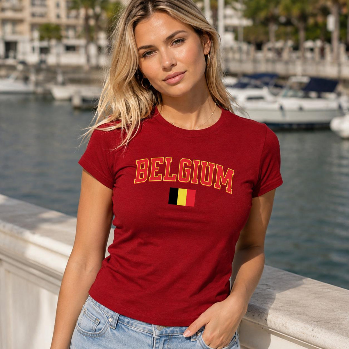 Black baby tee with arched red Belgium lettering and Belgian flag graphic