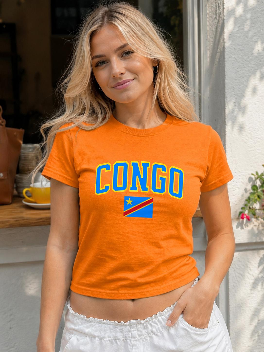 Blue baby tee with yellow CONGO lettering and Democratic Republic of the Congo flag graphic