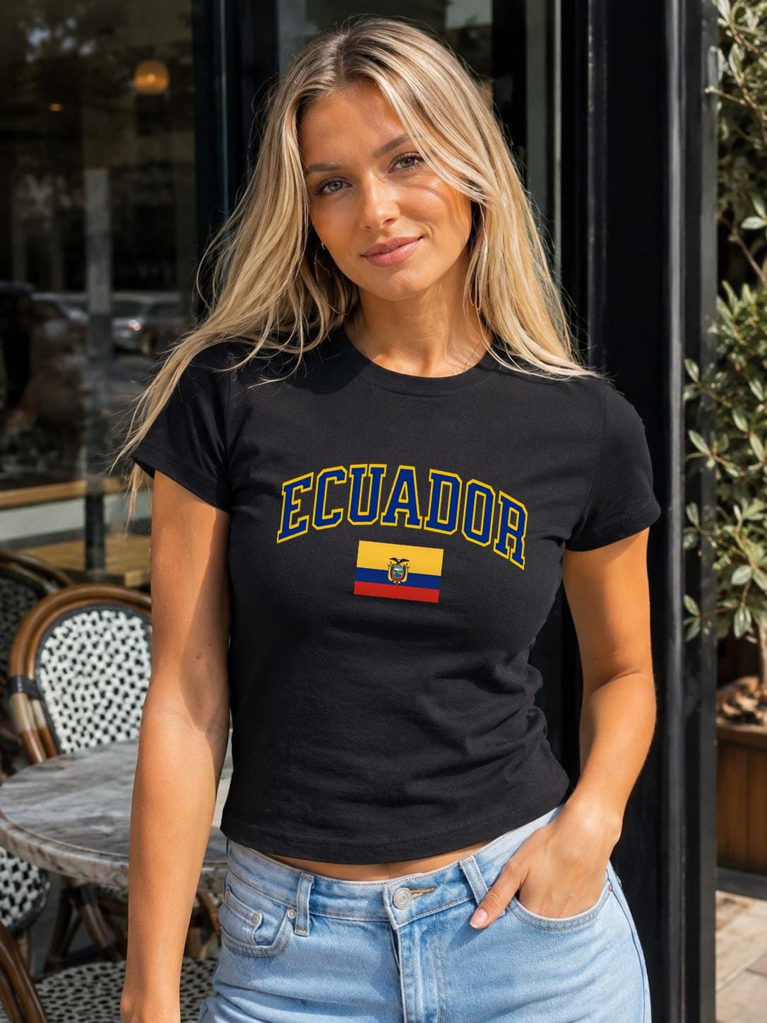 Navy baby tee with arched Ecuador lettering and Ecuador flag graphic