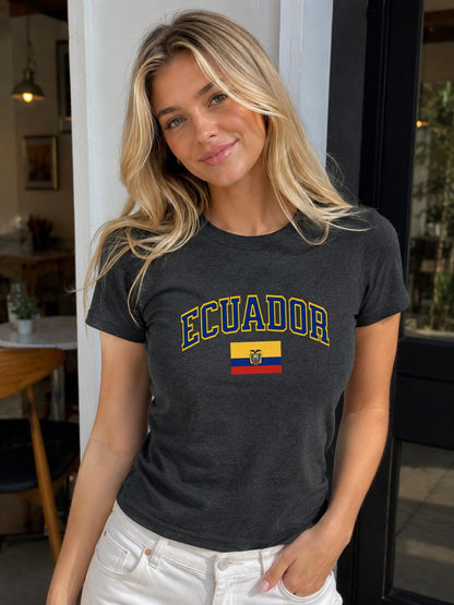 Navy baby tee with arched Ecuador lettering and Ecuador flag graphic