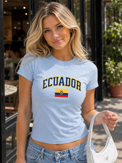 Navy baby tee with arched Ecuador lettering and Ecuador flag graphic