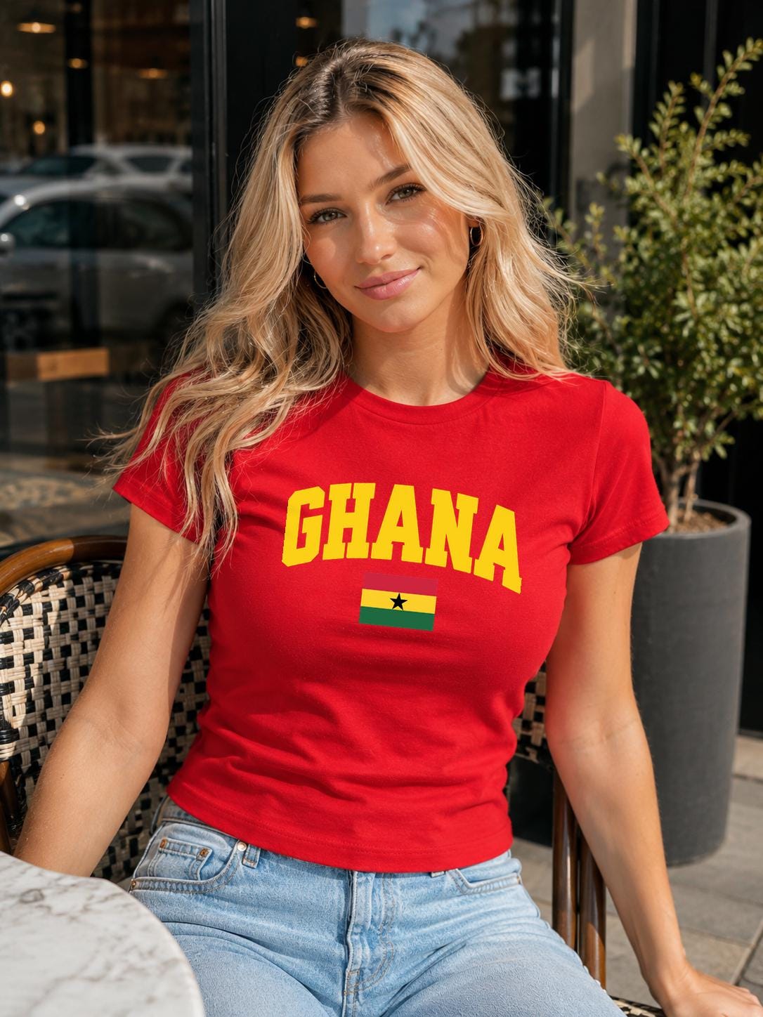 Red baby tee with yellow GHANA lettering and Ghana flag with black star
