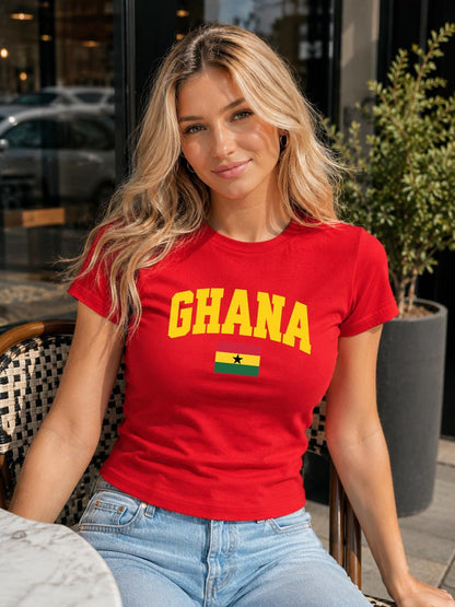 Red baby tee with yellow GHANA lettering and Ghana flag with black star