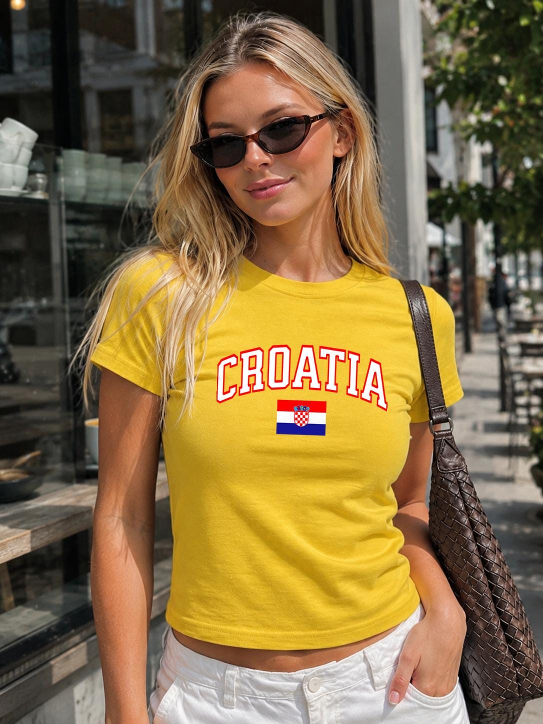 Royal blue baby tee with varsity Croatia lettering and Croatian flag graphic