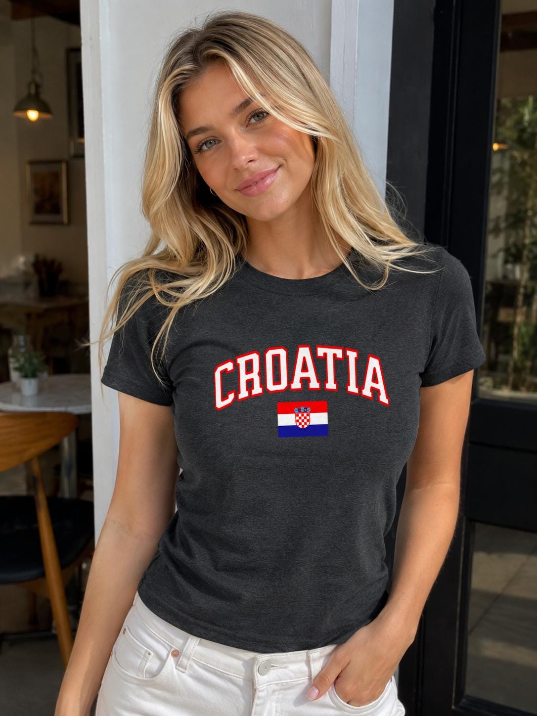 Royal blue baby tee with varsity Croatia lettering and Croatian flag graphic
