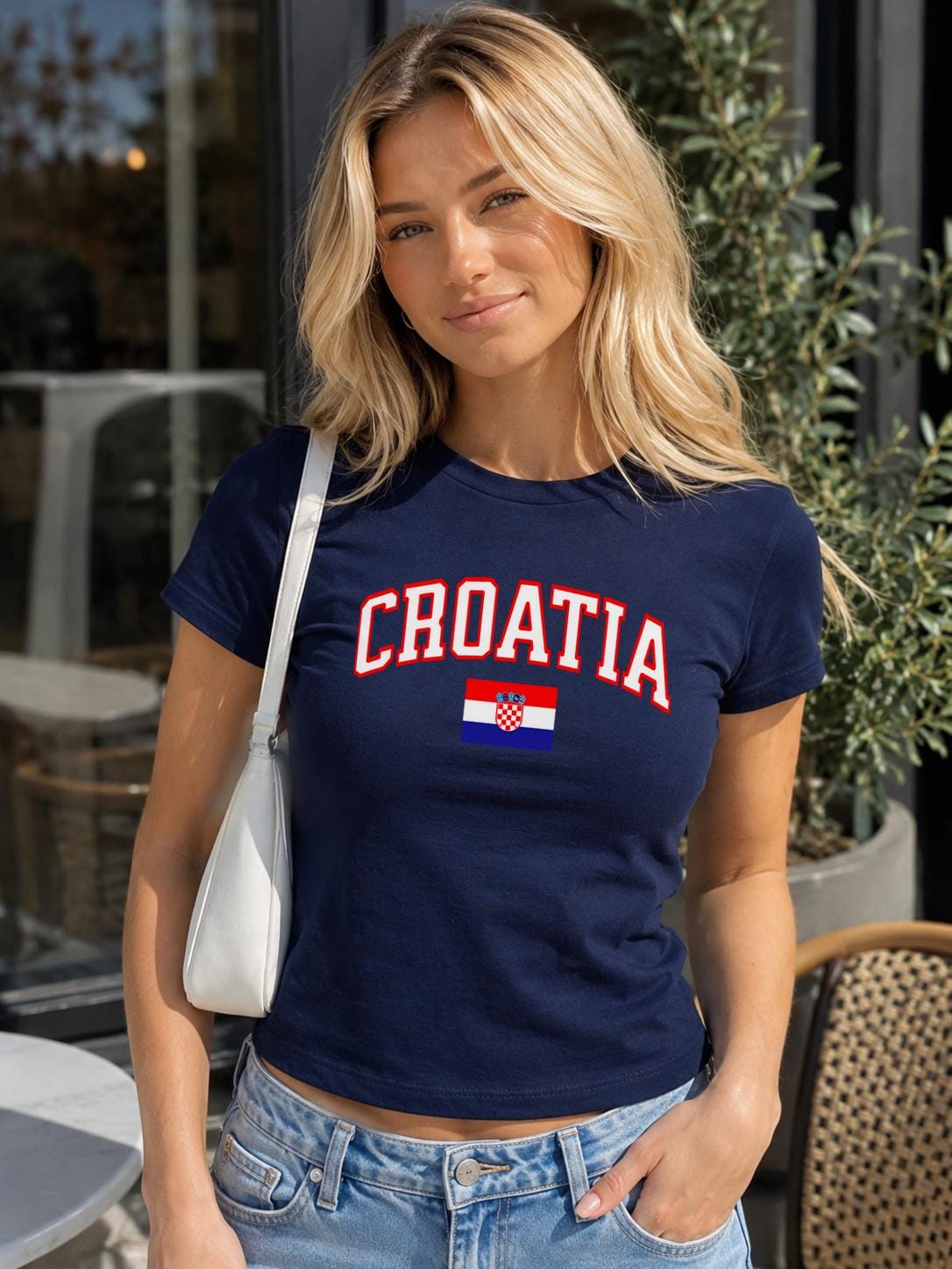 Royal blue baby tee with varsity Croatia lettering and Croatian flag graphic