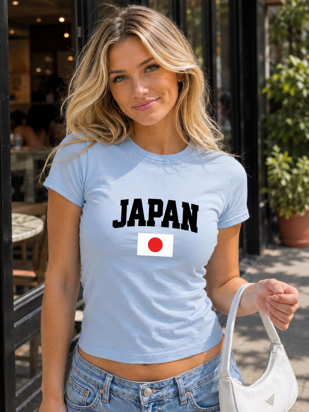 Blue baby tee with bold white JAPAN text and Japan flag graphic