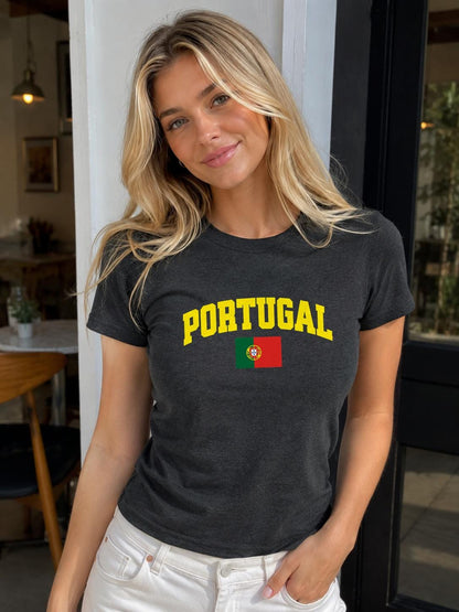 Maroon baby tee with yellow PORTUGAL lettering and Portuguese flag design