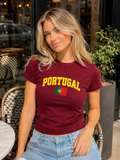 Maroon baby tee with yellow PORTUGAL lettering and Portuguese flag design