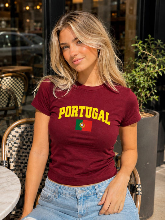 Maroon baby tee with yellow PORTUGAL lettering and Portuguese flag design