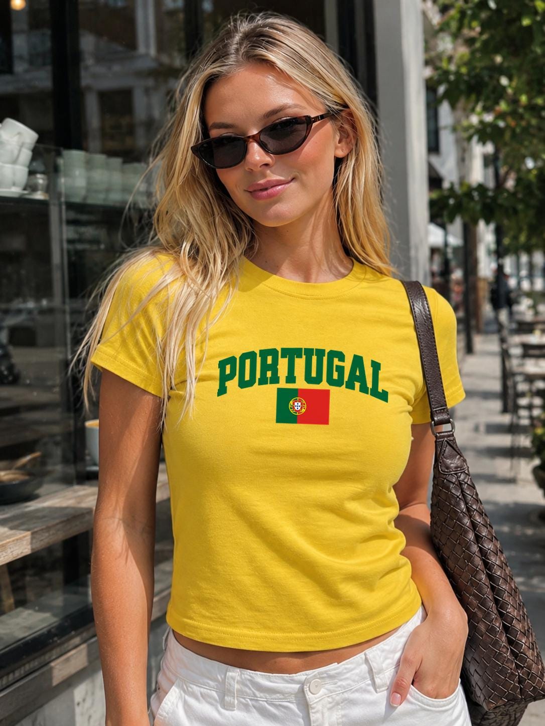Maroon baby tee with yellow PORTUGAL lettering and Portuguese flag design