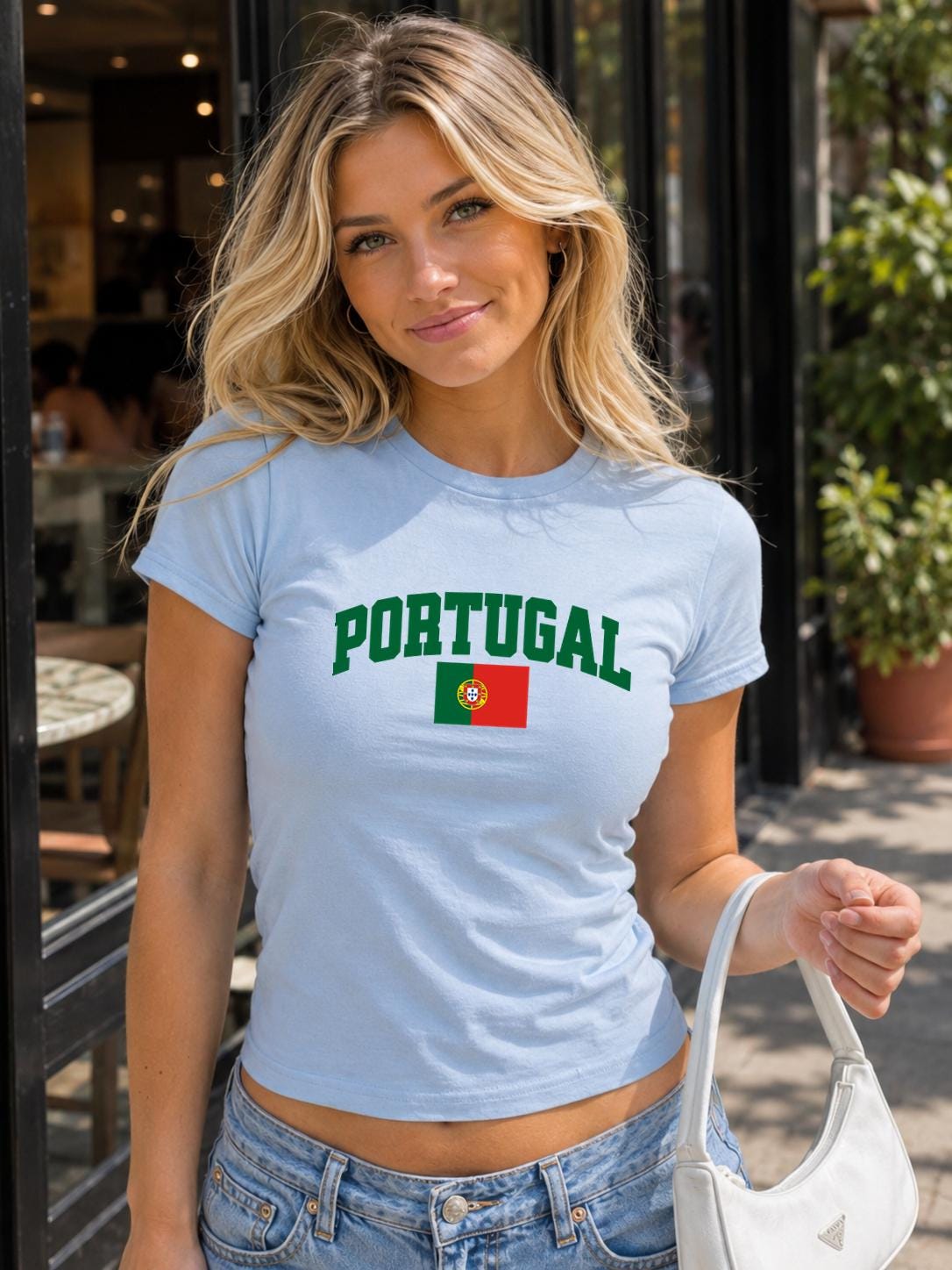 Maroon baby tee with yellow PORTUGAL lettering and Portuguese flag design