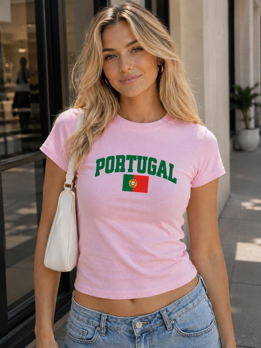 Maroon baby tee with yellow PORTUGAL lettering and Portuguese flag design