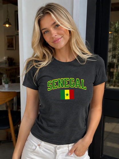 Fitted green baby tee with arched Senegal lettering and Senegal flag graphic