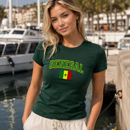 Fitted green baby tee with arched Senegal lettering and Senegal flag graphic