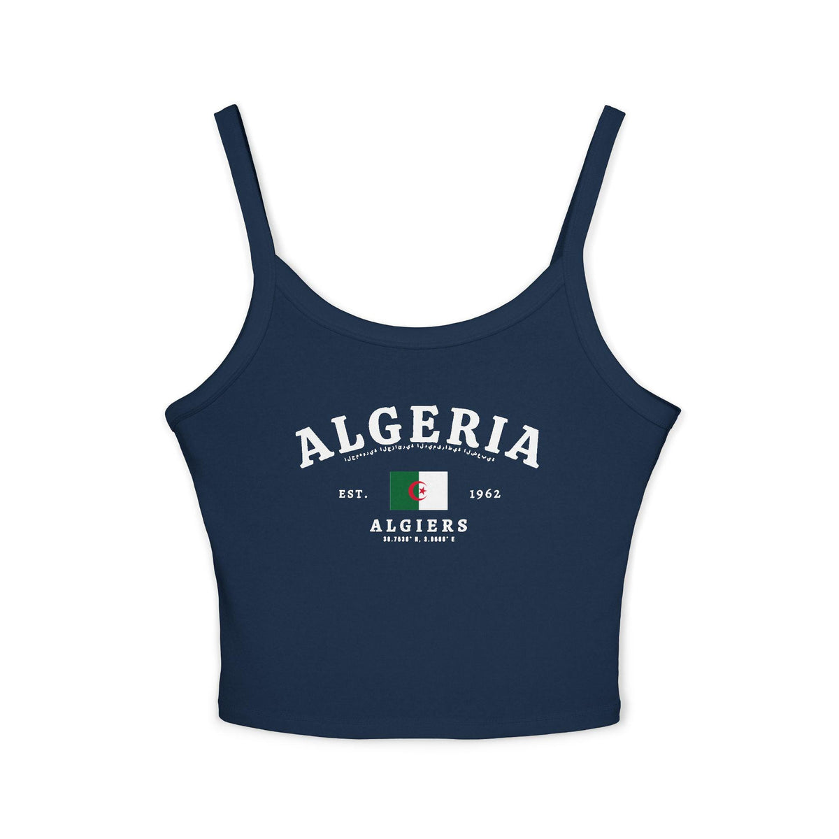 White tank top with Algeria lettering, flag, Arabic script, Algiers text and coordinates design.