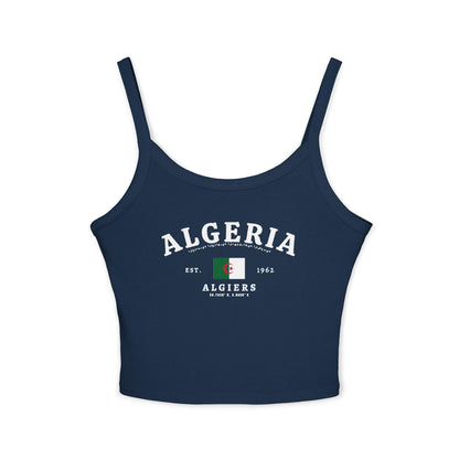 White tank top with Algeria lettering, flag, Arabic script, Algiers text and coordinates design.