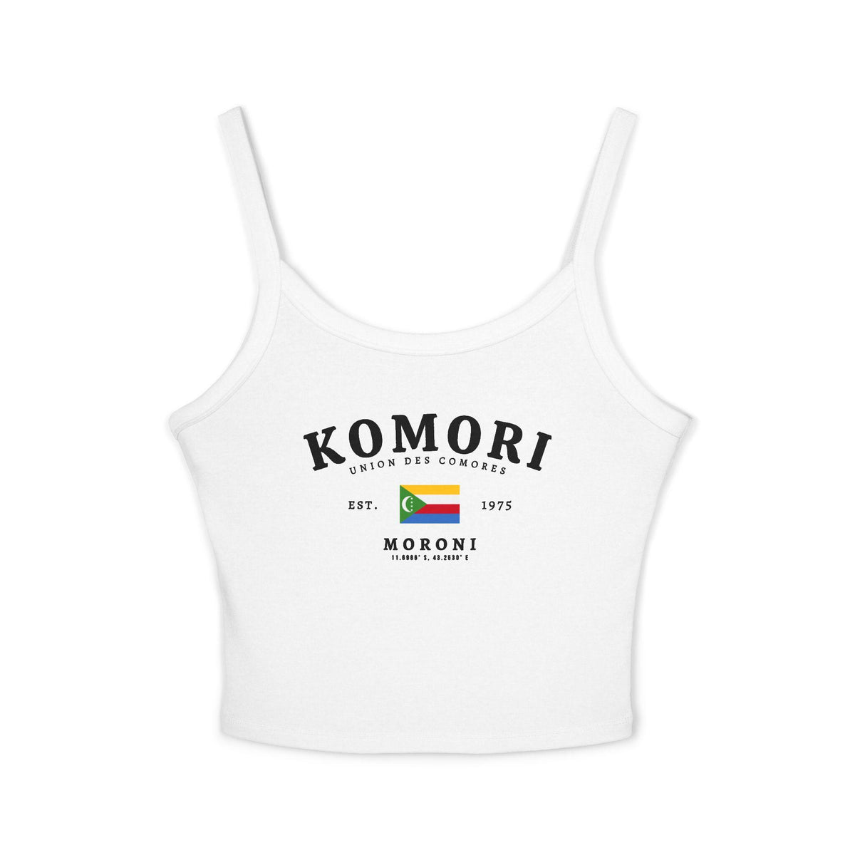 Pink tank top with Komori Union des Comores, Moroni text, and Comoros flag graphic