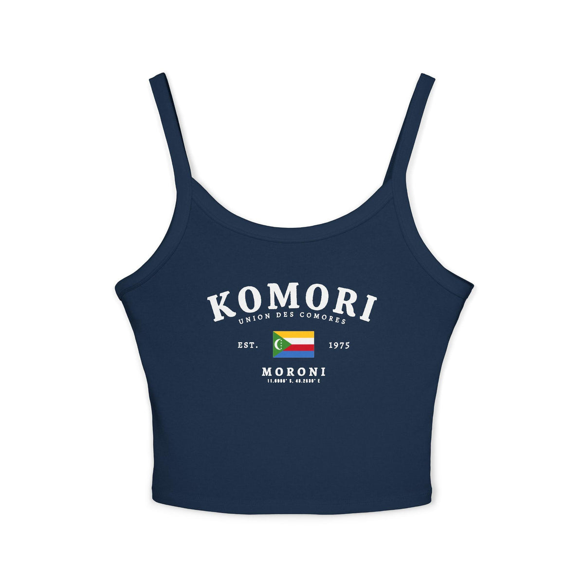 Pink tank top with Komori Union des Comores, Moroni text, and Comoros flag graphic