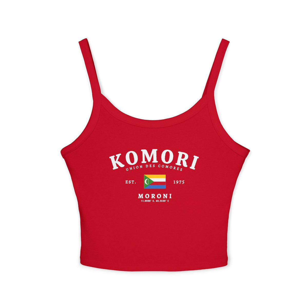 Pink tank top with Komori Union des Comores, Moroni text, and Comoros flag graphic