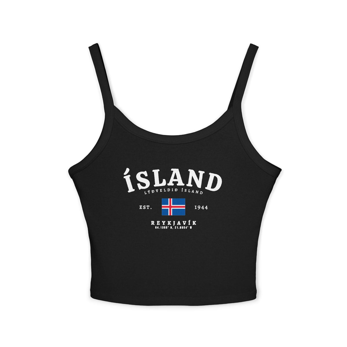 Navy tank top with vintage Iceland, Reykjavík coordinates, Est. 1944, and Icelandic flag design