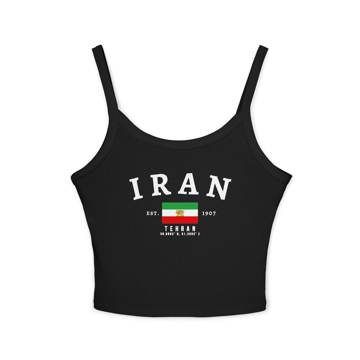 White tank top with arched IRAN lettering, Iran flag graphic, Tehran text, Est. 1907, and coordinates.