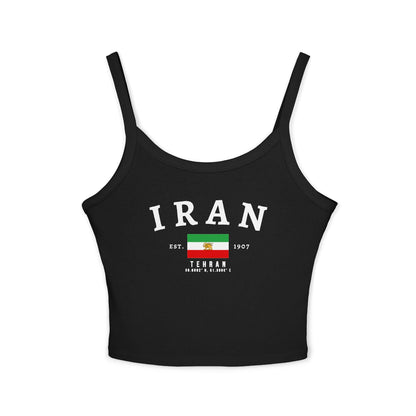 White tank top with arched IRAN lettering, Iran flag graphic, Tehran text, Est. 1907, and coordinates.