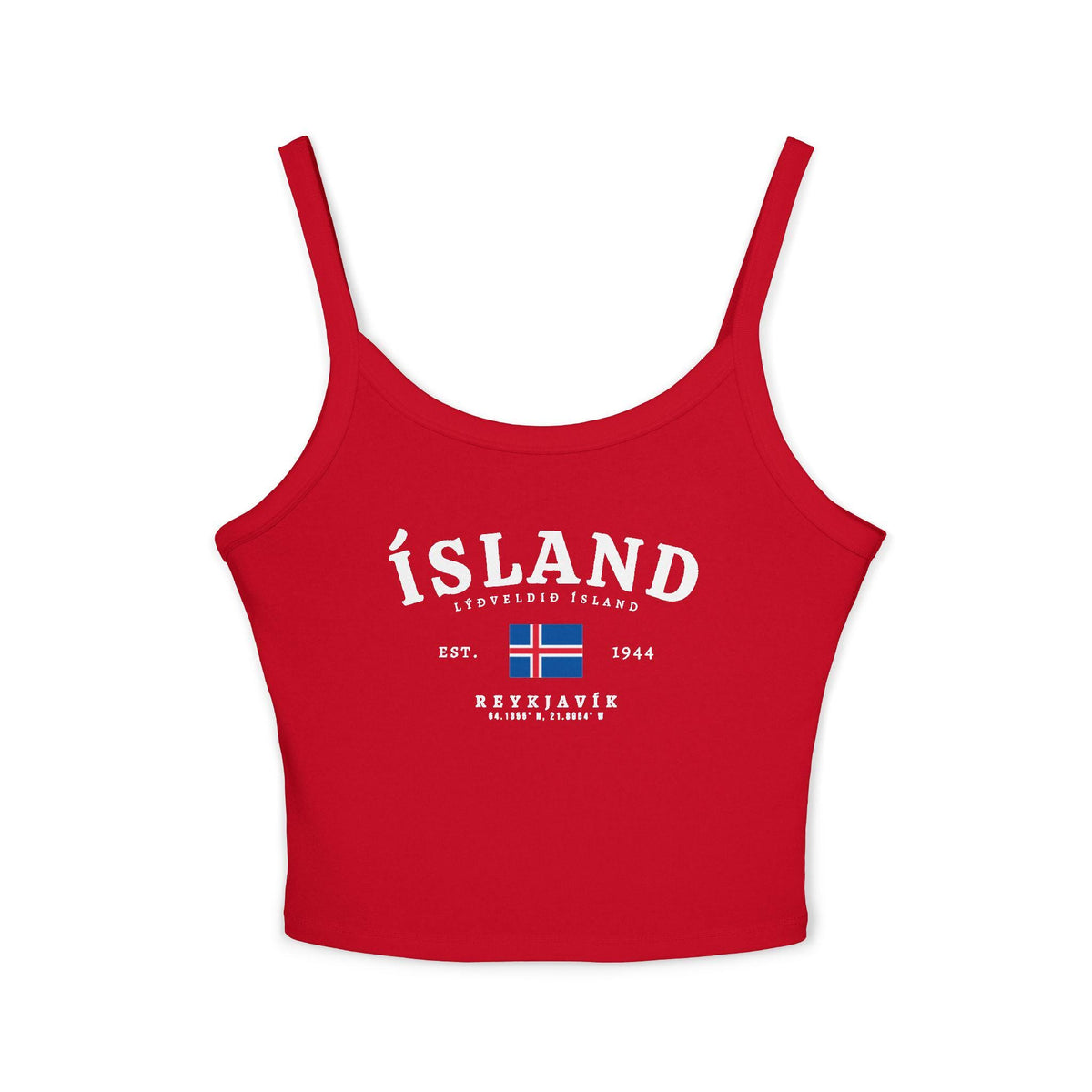 Navy tank top with vintage Iceland, Reykjavík coordinates, Est. 1944, and Icelandic flag design