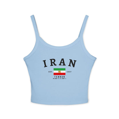 White tank top with arched IRAN lettering, Iran flag graphic, Tehran text, Est. 1907, and coordinates.