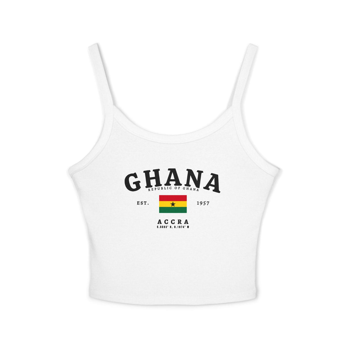 Red tank top with Ghana text, Republic of Ghana details, Ghana flag, Est. 1957, and Accra coordinates