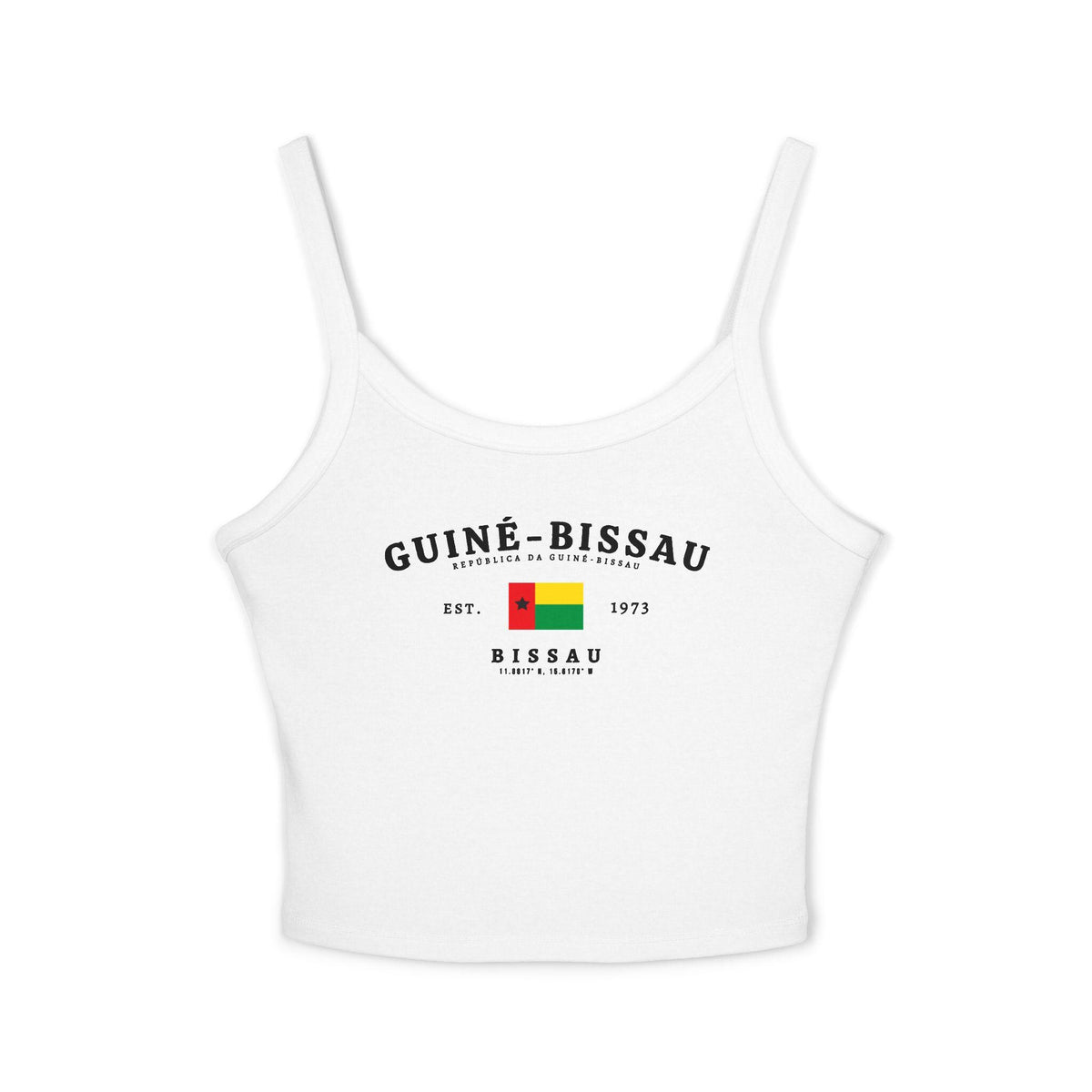 Navy tank top with arched Guiné-Bissau lettering, flag, Est. 1973, Bissau and coordinates design