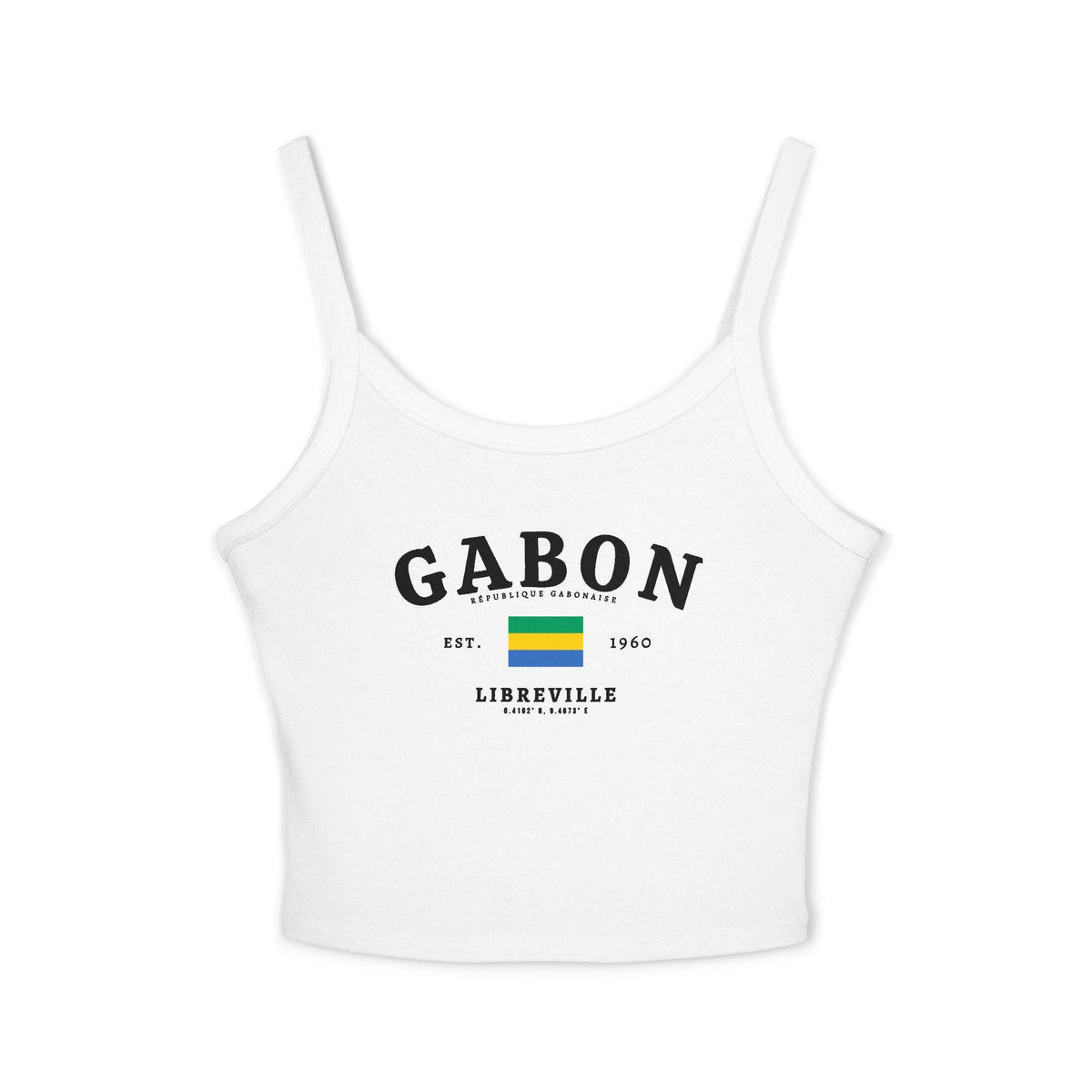 Navy tank top with Gabon lettering, Gabon flag, République Gabonaise, Est. 1960 and Libreville design