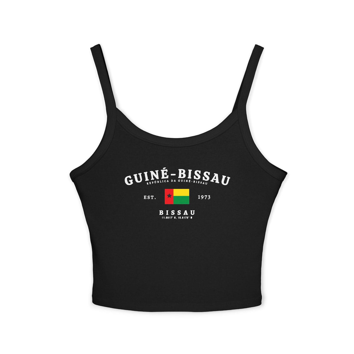 Navy tank top with arched Guiné-Bissau lettering, flag, Est. 1973, Bissau and coordinates design