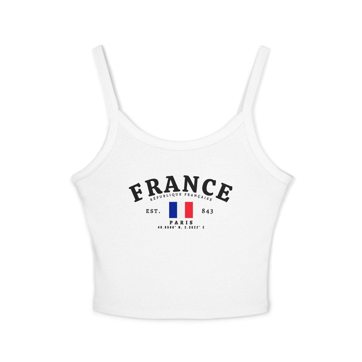 Navy tank top with arched FRANCE text, République Française, French flag, Paris and coordinates design