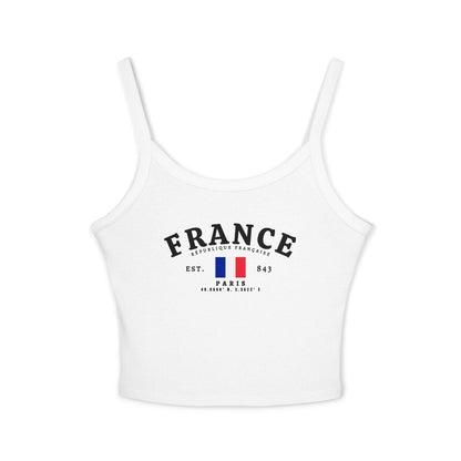 Navy tank top with arched FRANCE text, République Française, French flag, Paris and coordinates design