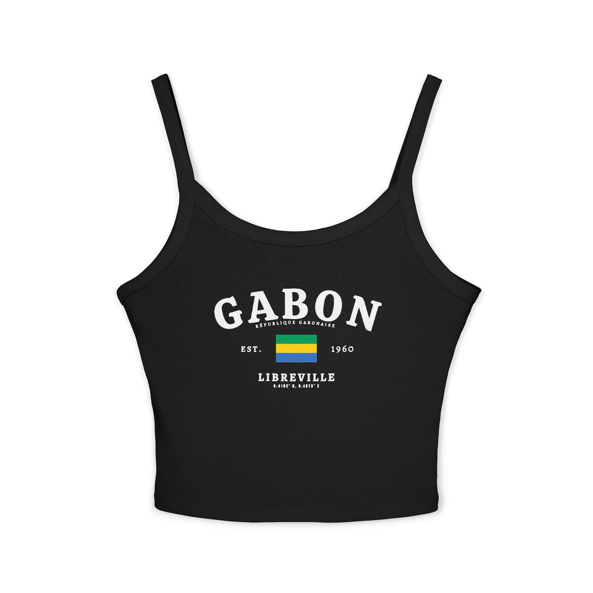 Navy tank top with Gabon lettering, Gabon flag, République Gabonaise, Est. 1960 and Libreville design