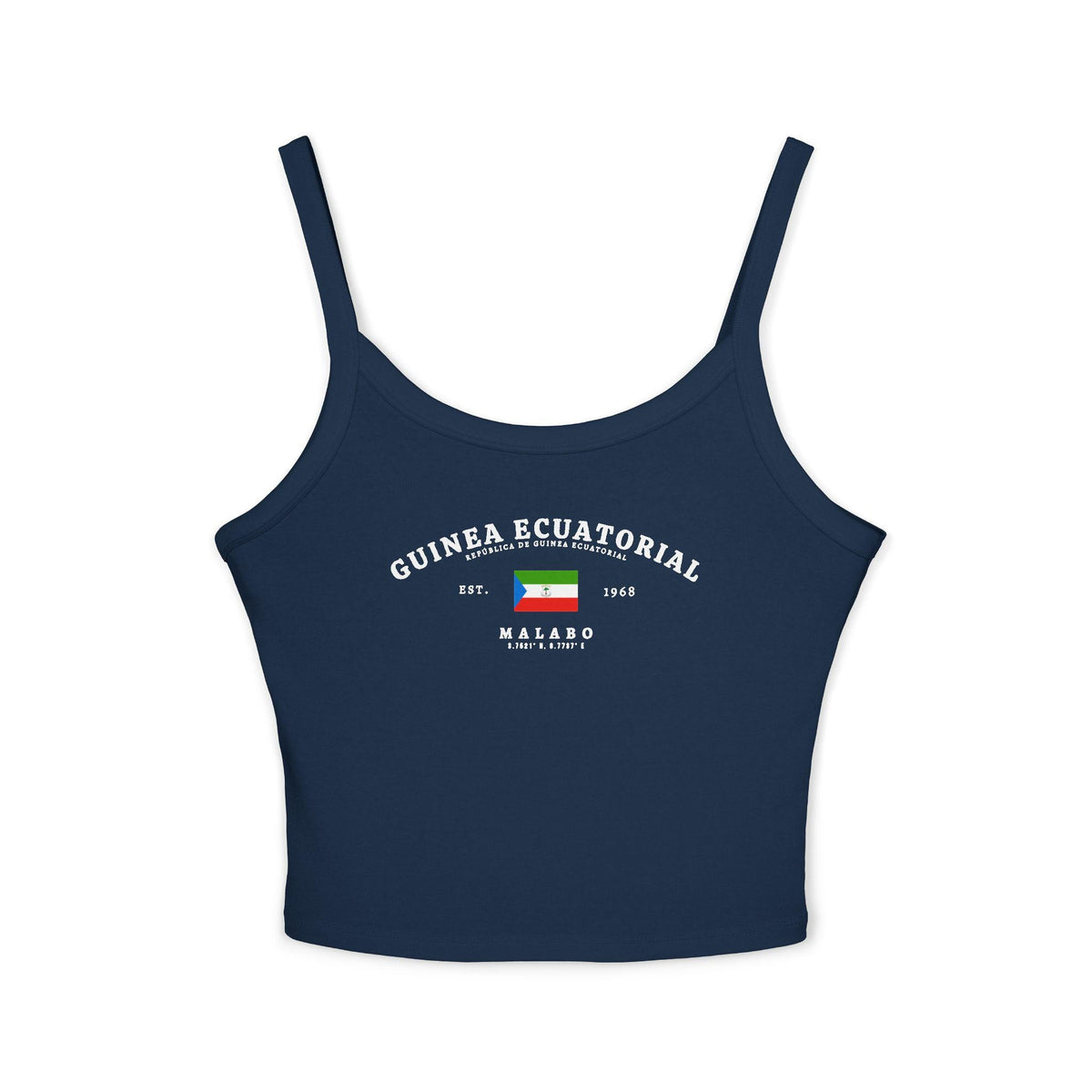 Navy tank top with Guinea Ecuatorial lettering, Equatorial Guinea flag, Est. 1968, and Malabo design